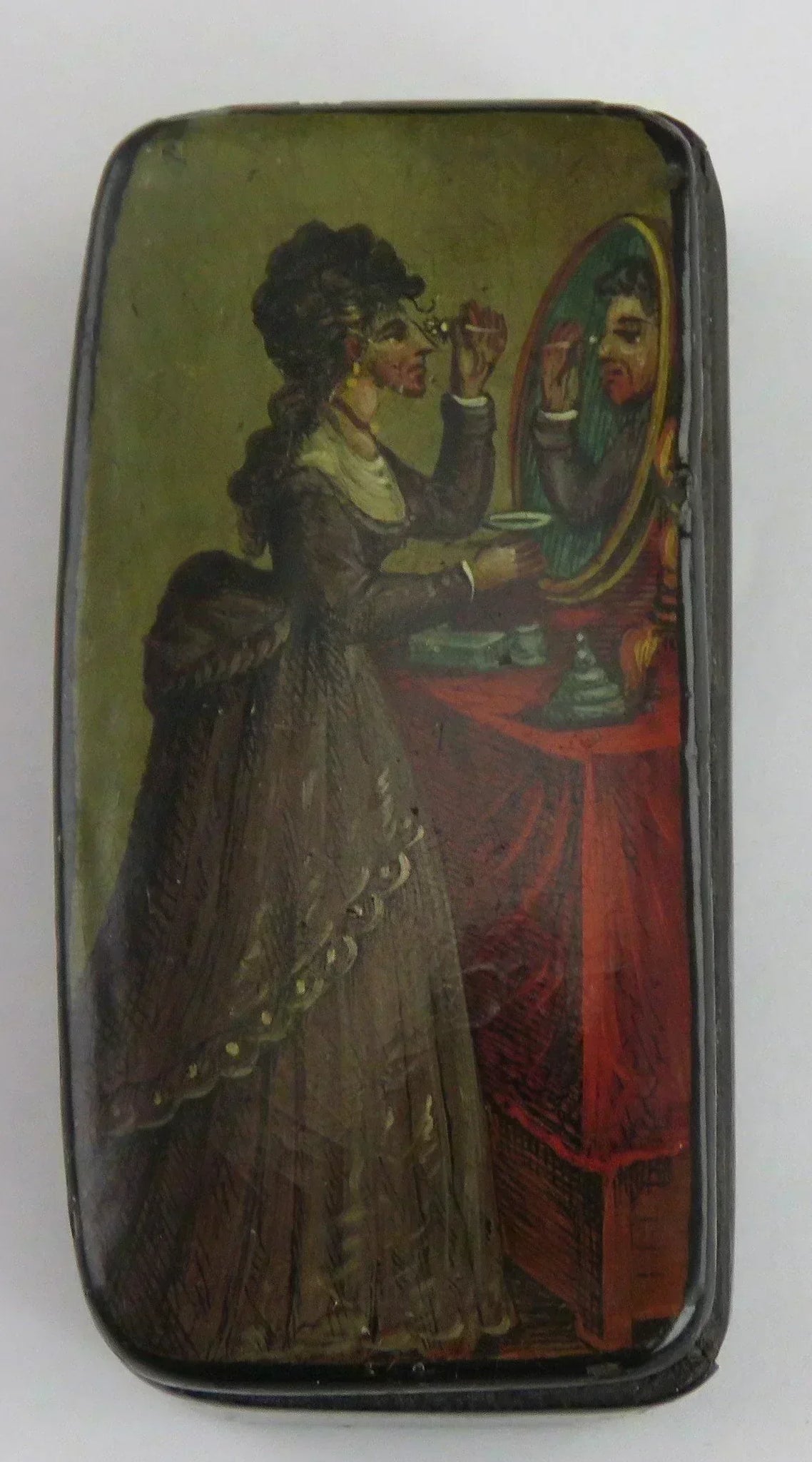 Rare Antique Victorian c1830 English Paper Mache Lacquer Bearded Lady Snuffbox