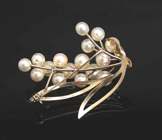 1940's-1960's Japanese 14k Yellow Gold Flower/Leaf Pearl Pin