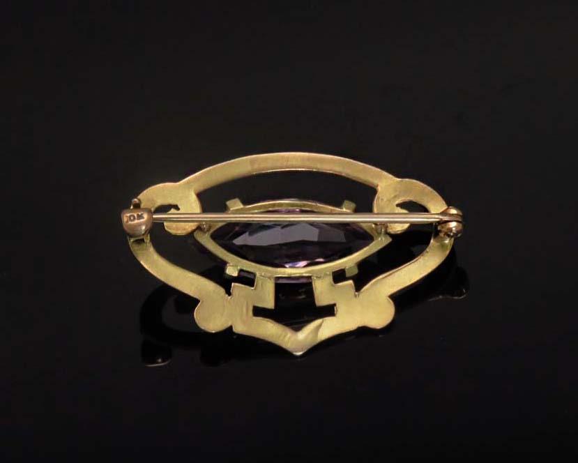 American Art Nouveau 10k Yellow Gold Amethyst Brooch Pin