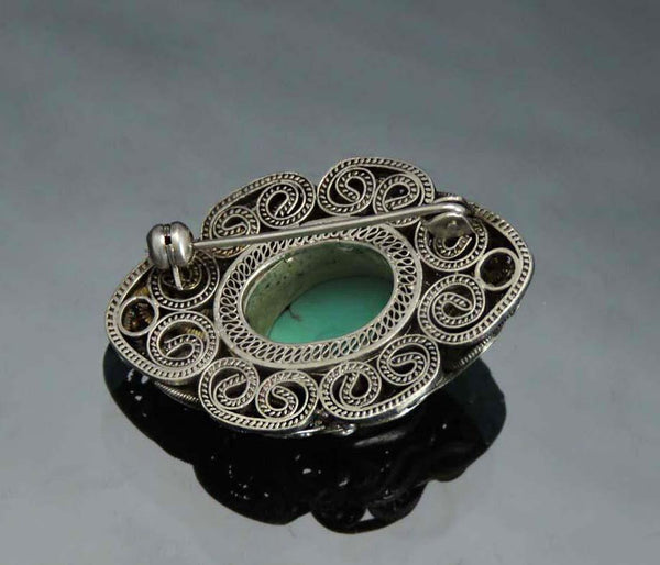 Late 1800's/Early 1900's Chinese Export Silver Turquoise Filigree Pin