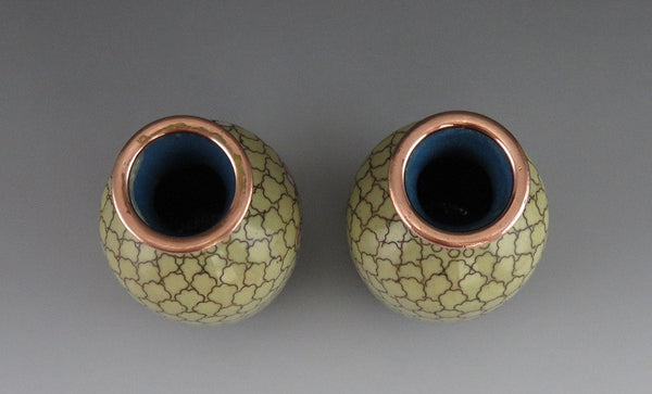 Pair Vintage Chinese Copper Cloisonné Enamel Cherry Blossom Bud Vases