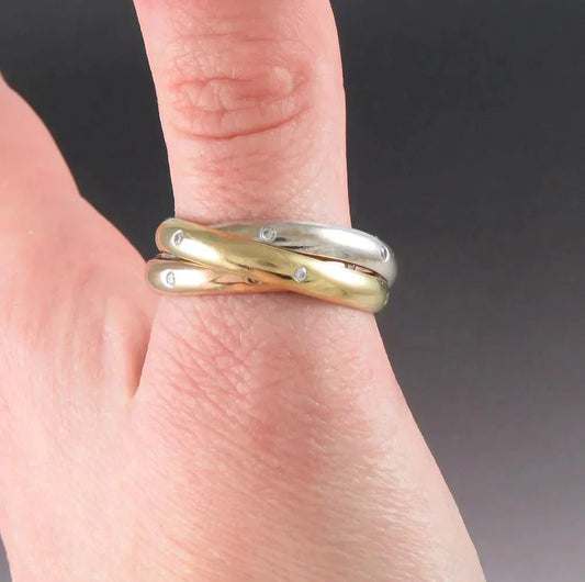 Cartier 18K White Yellow Rose Gold 18 Diamonds Trinity Rolling Band Ring w Box