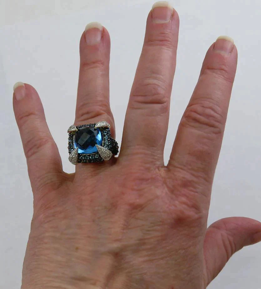 High End 14K Yellow Gold Blue Topaz Gemstone Diamond Cocktail Statement Ring