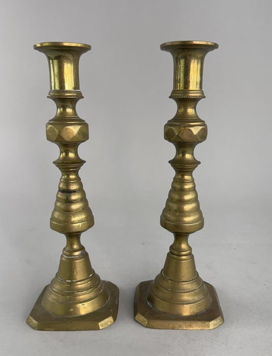Neat Group 3 English Victorian Brass Push Up Faceted Candlestick Holders