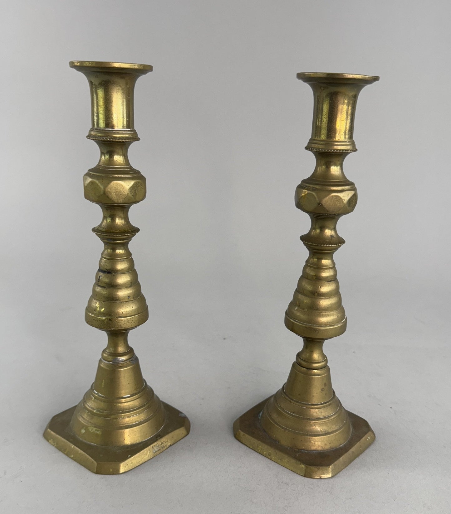 Neat Group 3 English Victorian Brass Push Up Faceted Candlestick Holders