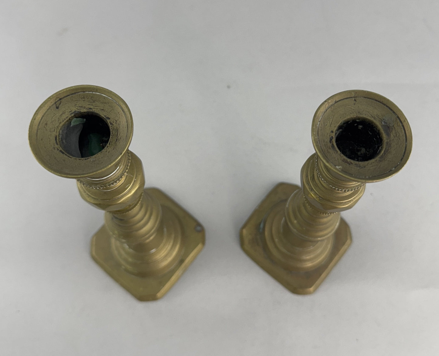 Neat Group 3 English Victorian Brass Push Up Faceted Candlestick Holders