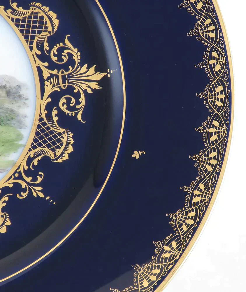 12 Vintage Hutschenreuther Porcelain China Victorian Cobalt Gold Dinner Plates
