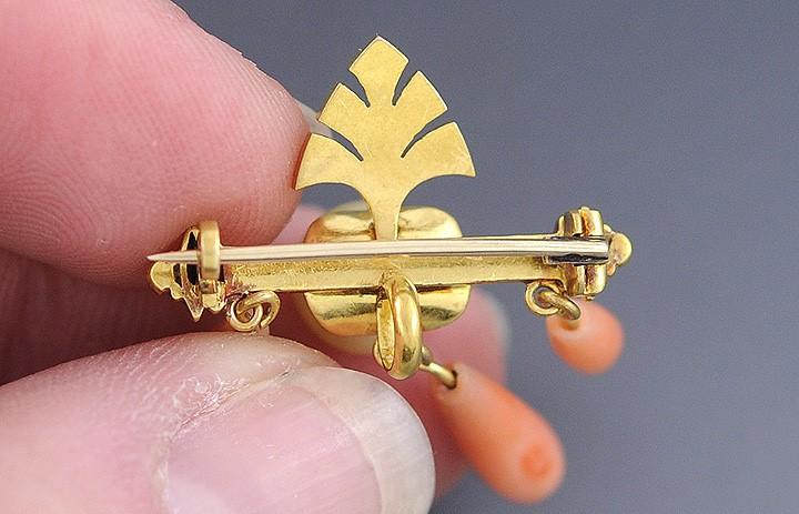 Neat 1860s-1880s Victorian Coral Dangle Pearl 14k Gold Pin Brooch