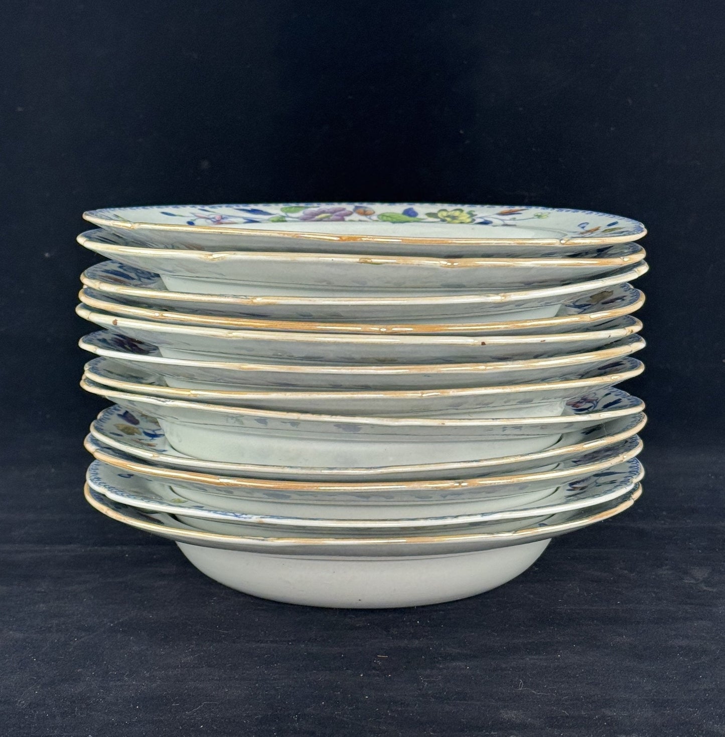 Set 12 c1815 Georgian English Davenport Flying Bird Wide Rim Soup Bowls 9.5"