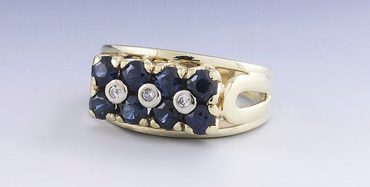 Stunning 14k Yellow Gold Blue Sapphire & Diamond Ring Size 5.75