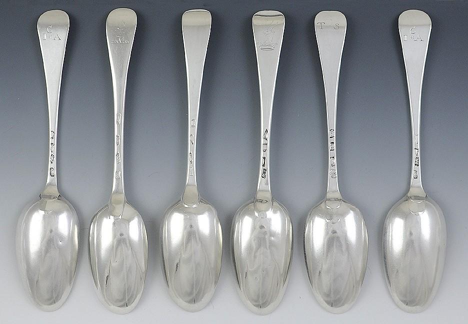 6 Antique English 1700's Georgian Sterling Silver Hanoverian Serving Spoons