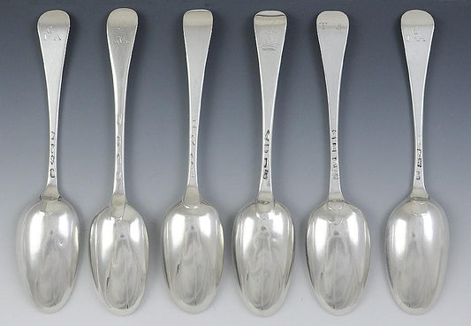 6 Antique English 1700's Georgian Sterling Silver Hanoverian Serving Spoons