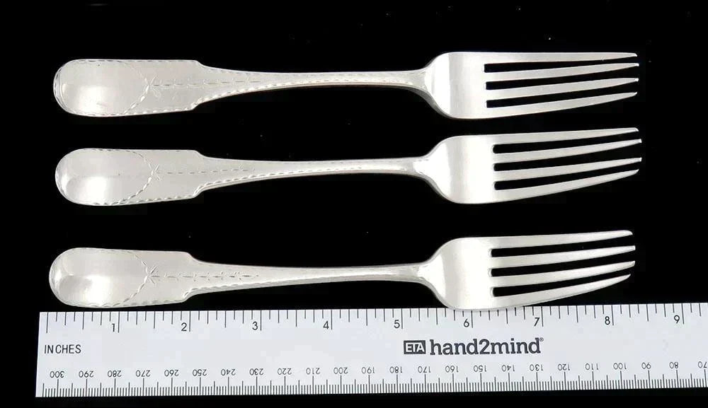 3 Antique Late 1700's Philadelphia Coin Silver Brite Cut Forks 8"