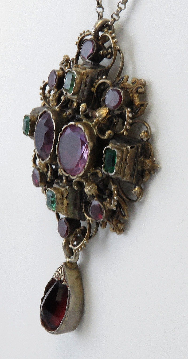 c1880s Austro Hungarian Gilt Silver Amethyst Garnet Filigree Pendant Necklace