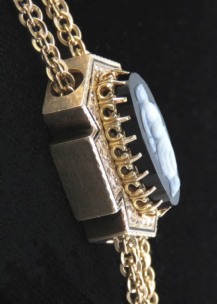 Victorian 10k Yellow Gold Cameo of a Young Woman Slider Watch Chain Necklace