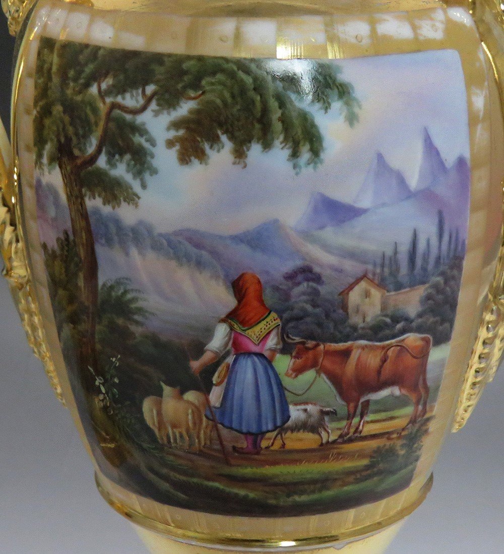c1830s Fantastic Pair Paris Porcelain Gilt Hand Painted Grecian Urns