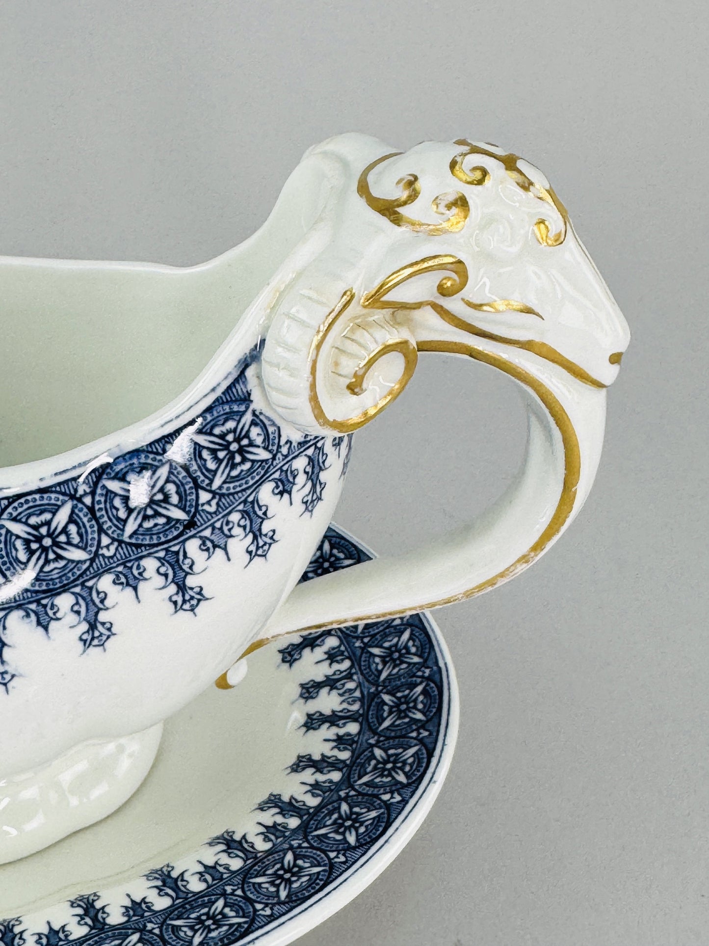 Antique Royal Worcester Gravy Boat and Under Plate w Ram's Heads 1890