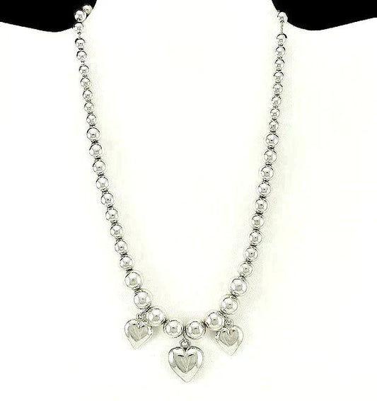 Lovely Sterling Silver Necklace w/ Round Beads and 3 Heart-Shaped Beads