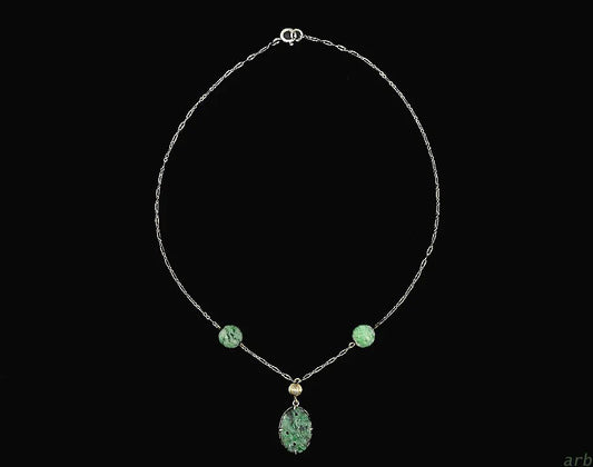 Sweet Vintage Sterling Silver/14k Gold/Green Jasper Chalcedony Necklace China