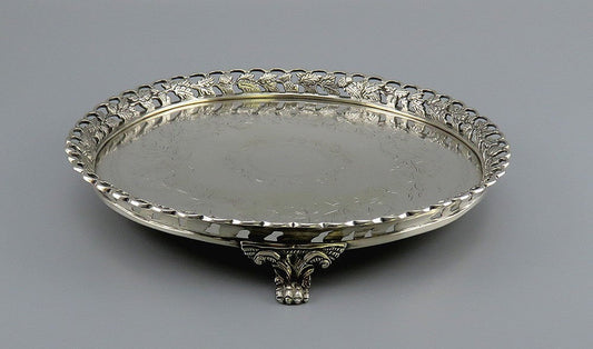 Heavy Antique 1870s Portuguese .958 Silver Acorn Leaf Rim Serving Tray 9"