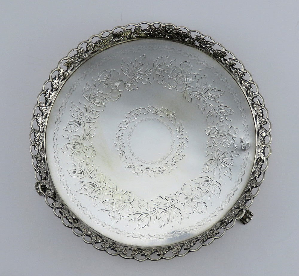 Heavy Antique 1870s Portuguese .958 Silver Acorn Leaf Rim Serving Tray 9"