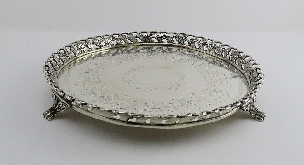 Heavy Antique 1870s Portuguese .958 Silver Acorn Leaf Rim Serving Tray 9"
