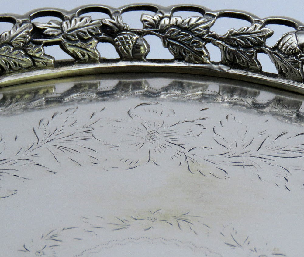 Heavy Antique 1870s Portuguese .958 Silver Acorn Leaf Rim Serving Tray 9"