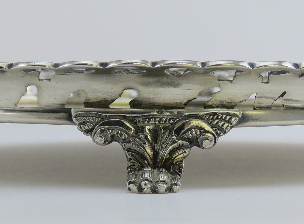 Heavy Antique 1870s Portuguese .958 Silver Acorn Leaf Rim Serving Tray 9"