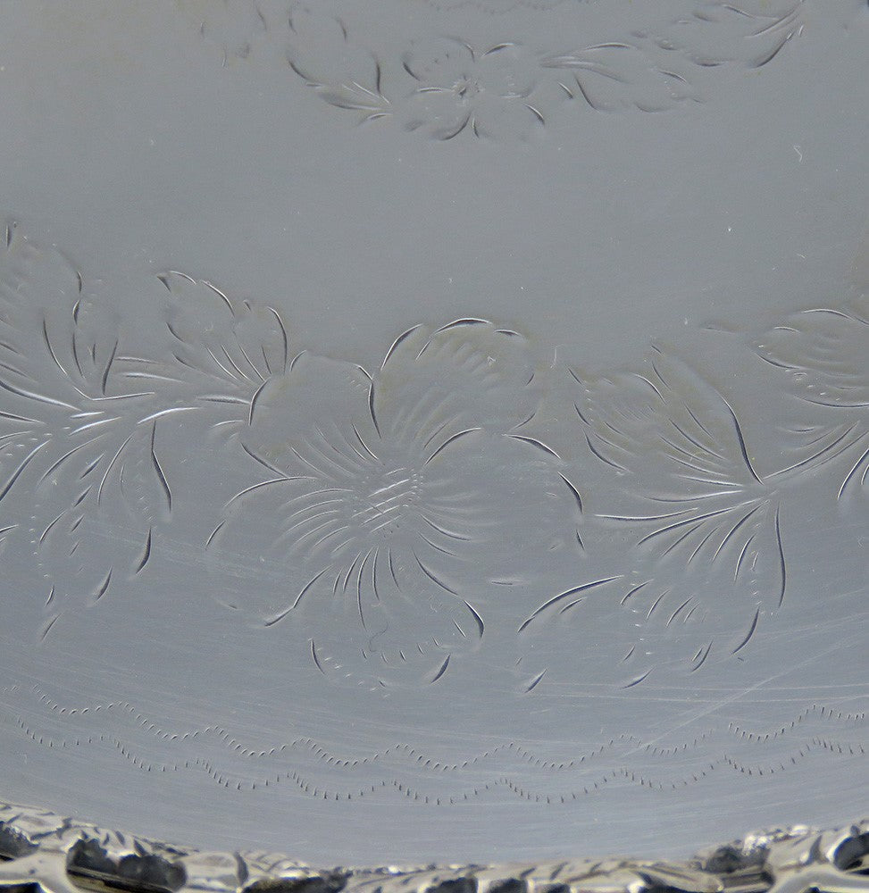 Heavy Antique 1870s Portuguese .958 Silver Acorn Leaf Rim Serving Tray 9"