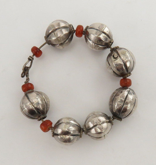 Antique Primitive Ethnic Tribal 1890s Amber & Silver Ball Wire Bracelet