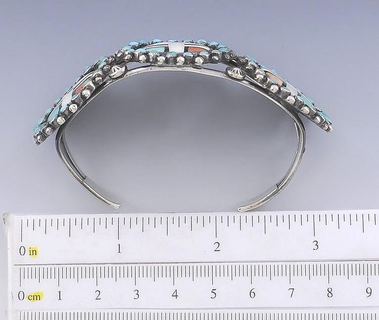Zuni Native American Sterling Silver Turquoise Coral Inlay Sun Mask Bracelet