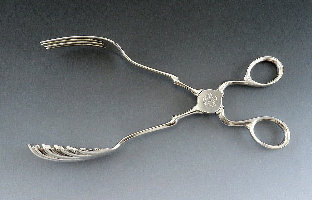 Rare Antique c1830 American Coin 900 Silver Convertible Tongs & Pair Servers