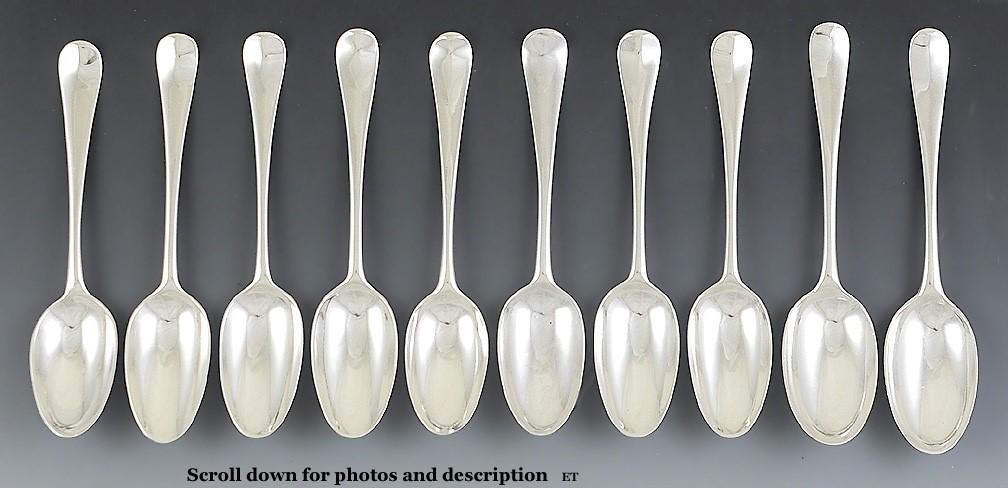 Superb Assembled Set of 10 English 1700s Georgian Sterling Silver Place Spoons