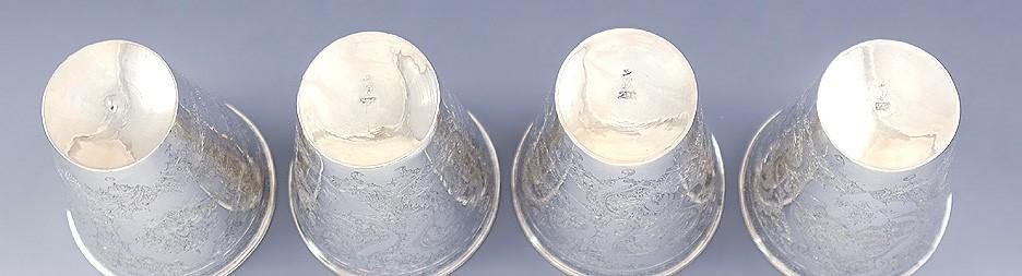 4 Antique c1920 Persian 850-900 Silver Heavy Weight Hand Engraved Beaker Cups