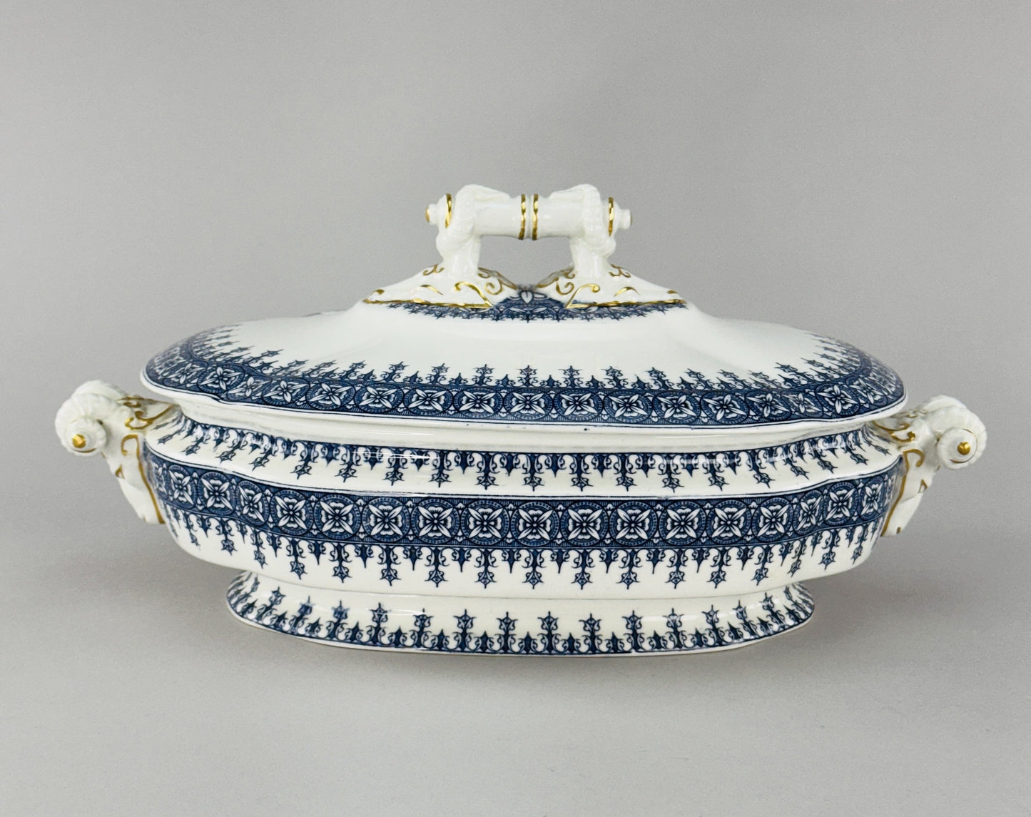 Antique Royal Worcester Oval Covered Serving Bowl With Ram's Heads 1890