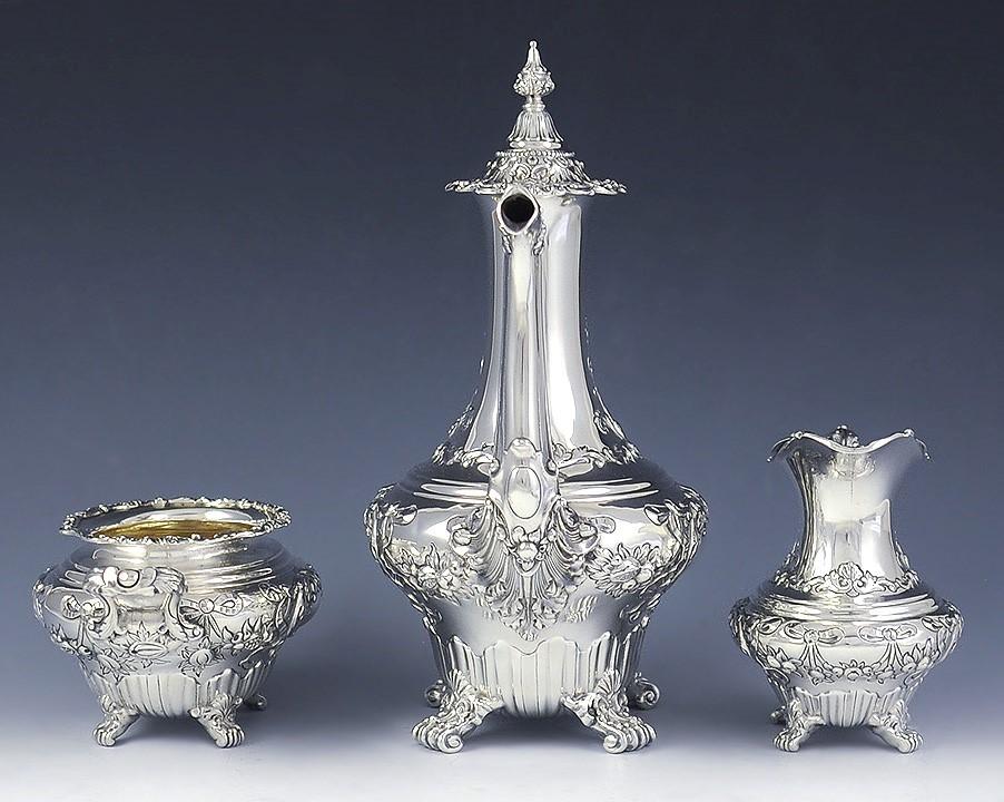 3pc Ornate Gorham Sterling Silver Demitasse Tea Coffee Set c1900