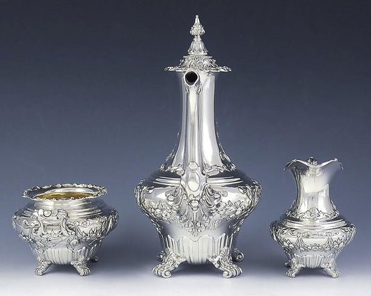3pc Ornate Gorham Sterling Silver Demitasse Tea Coffee Set c1900