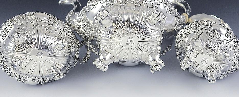 3pc Ornate Gorham Sterling Silver Demitasse Tea Coffee Set c1900