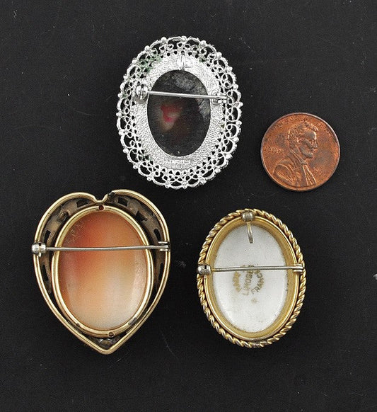 3 Pins Gold Filled and Sterling Silver Frames Cameos and Limoges Medallion