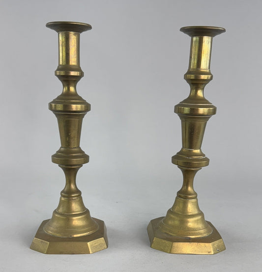 Pair English Victorian c1850s Brass Table Candlesticks 10.5" Cut Corner Bases