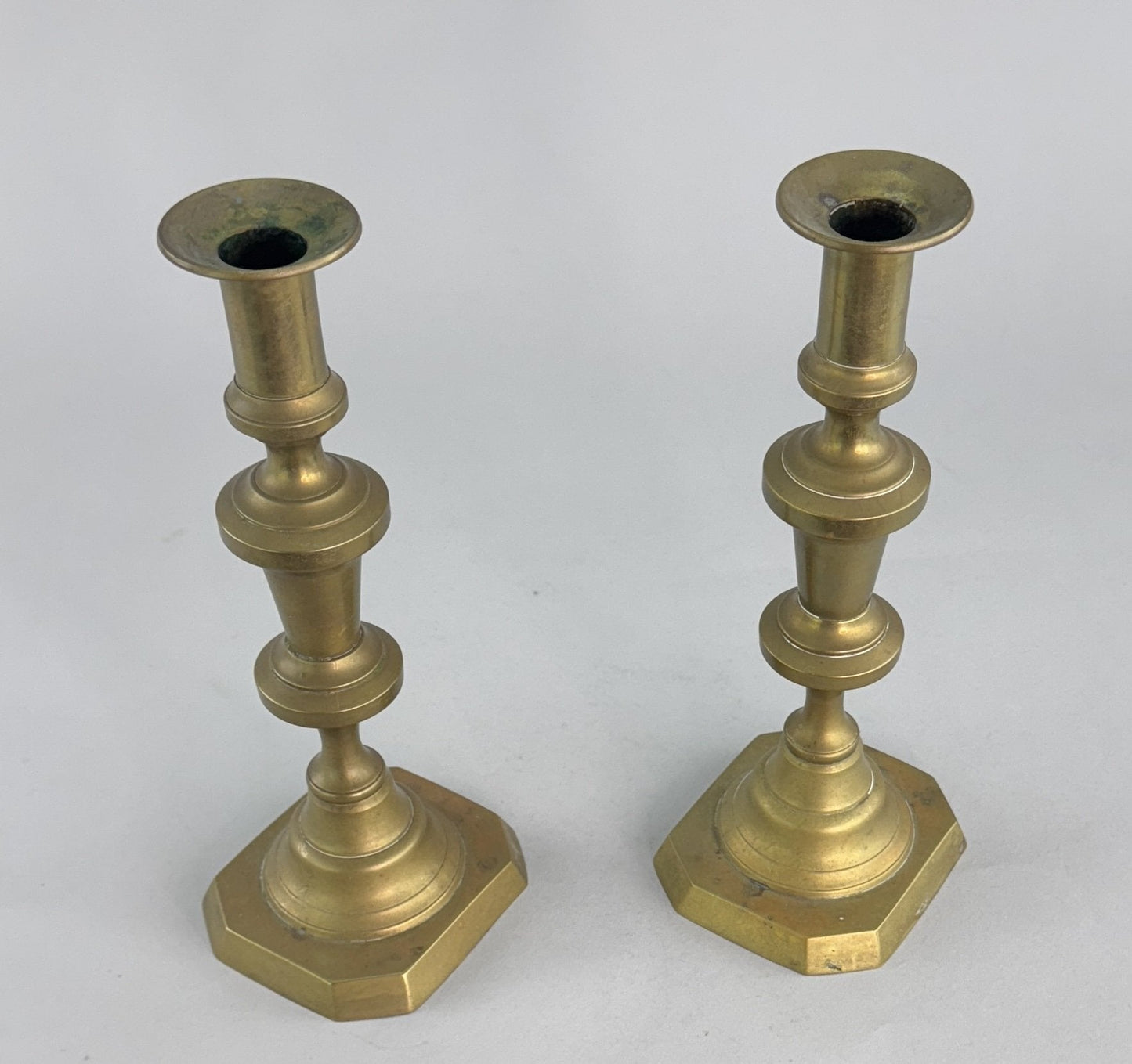 Pair English Victorian c1850s Brass Table Candlesticks 10.5" Cut Corner Bases
