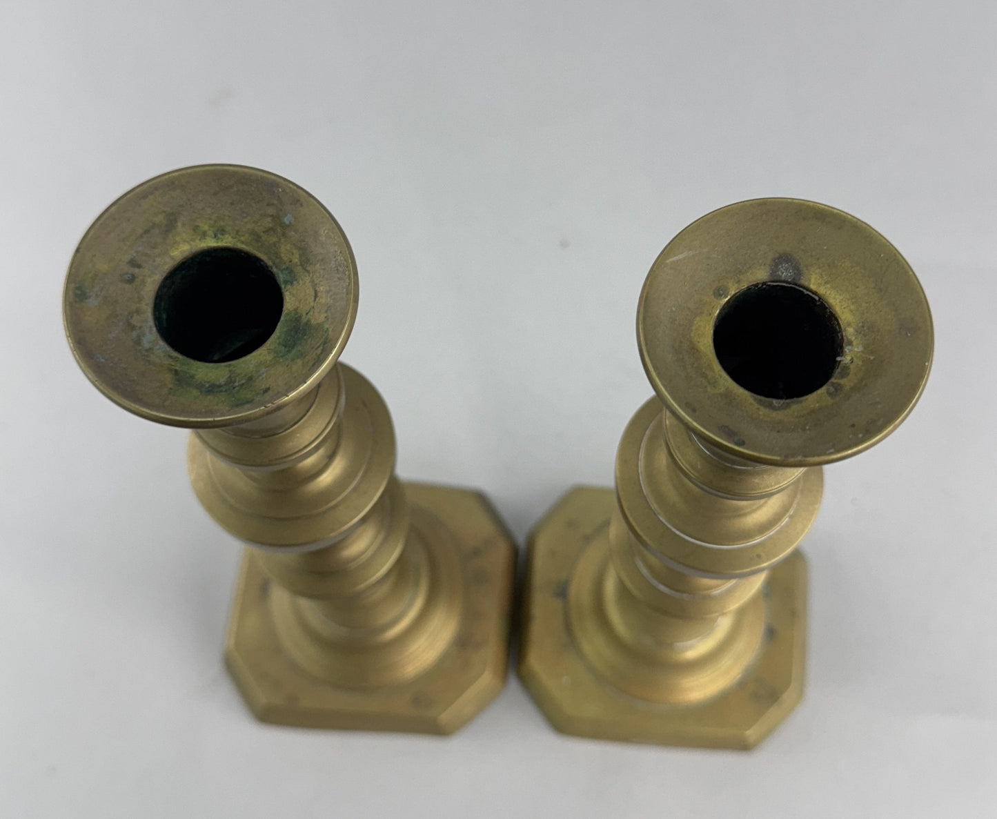 Pair English Victorian c1850s Brass Table Candlesticks 10.5" Cut Corner Bases