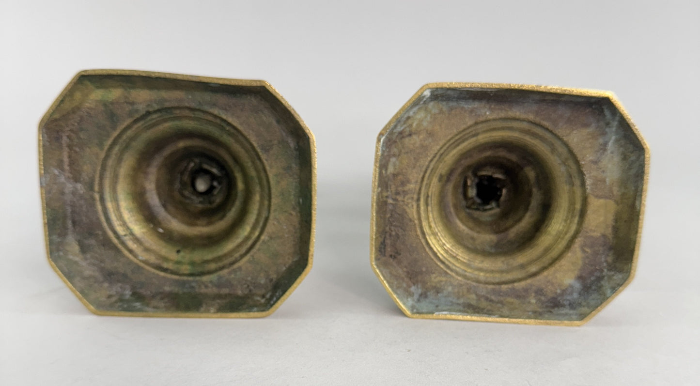 Pair English Victorian c1850s Brass Table Candlesticks 10.5" Cut Corner Bases