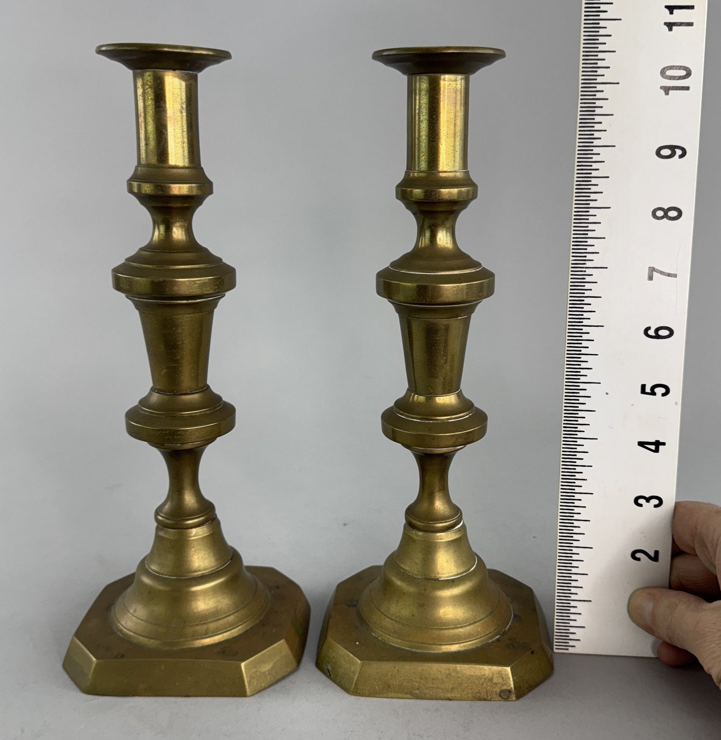 Pair English Victorian c1850s Brass Table Candlesticks 10.5" Cut Corner Bases