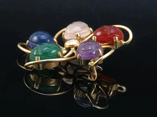 Vintage 14K Yellow Gold & Natural Gemstone Egyptian Scarab Beetle Pin/Brooch