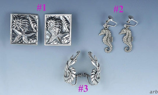 3 Pairs Sterling Silver Seahorse Shell Coral Reef Ocean Nautical Beach Earrings