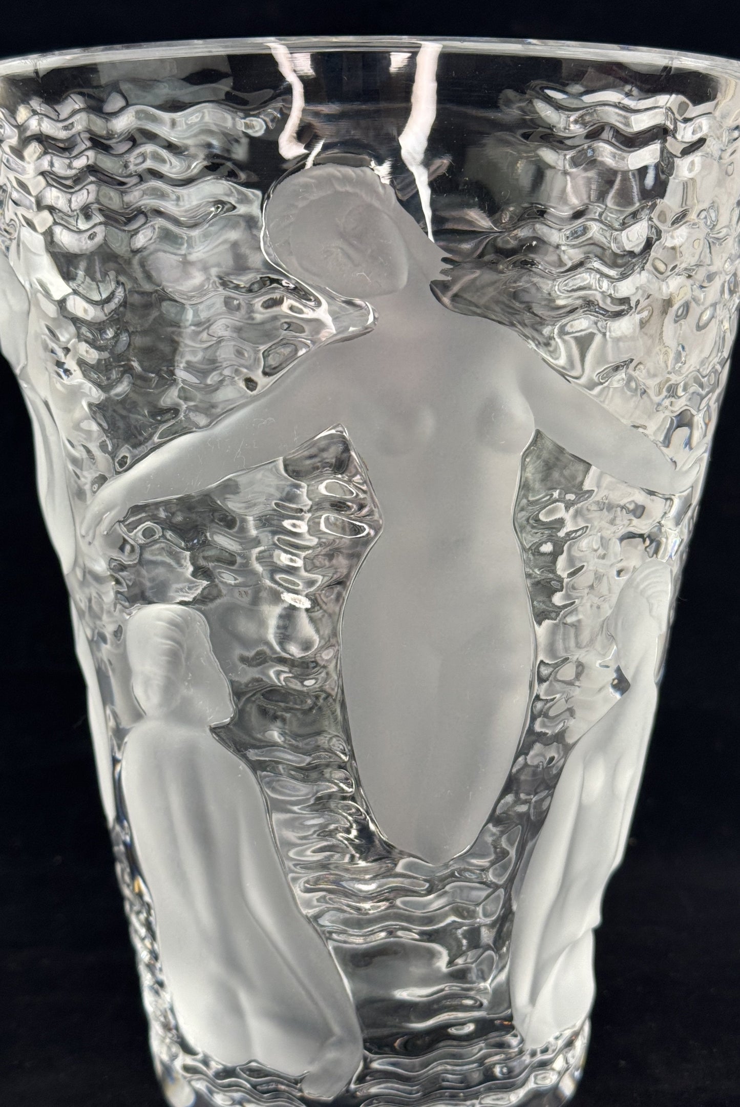 Stunning Signed Lalique Ondines Glass Frosted Nude Water Nymph Bathers 9.5" Vase