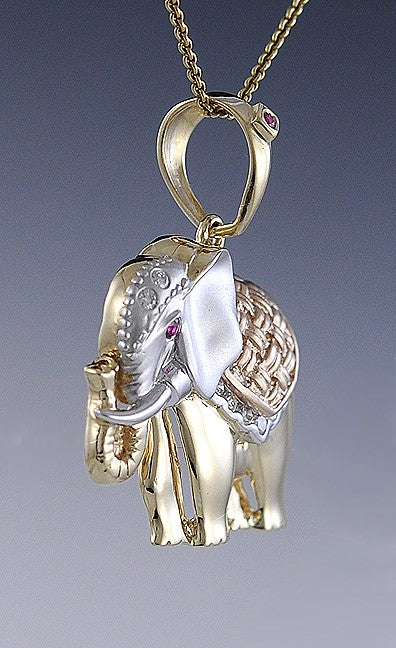 Charming Multi Color 14k Gold Diamond & Ruby Elephant Pendant