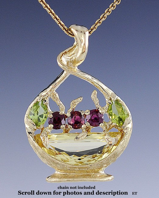 Stunning 14k Yellow Gold Citrine Peridot Garnet Stylized Basket Pendant