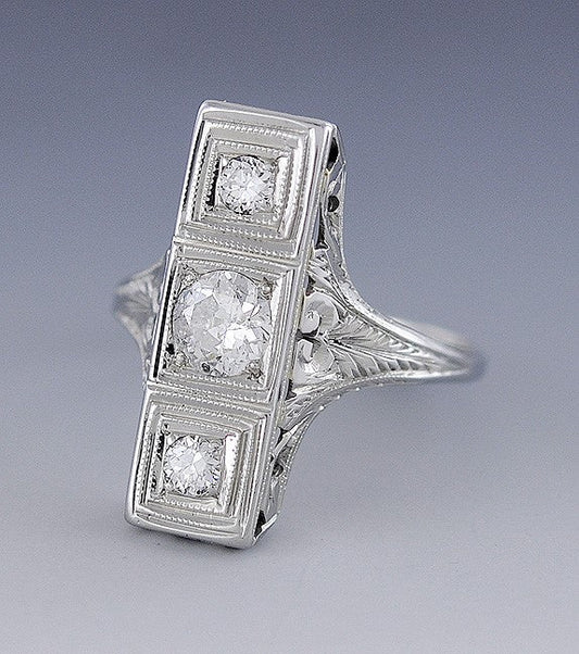 Pretty Antique Edwardian/Art Deco Hand-Engraved 18K White Gold & Diamond Ring
